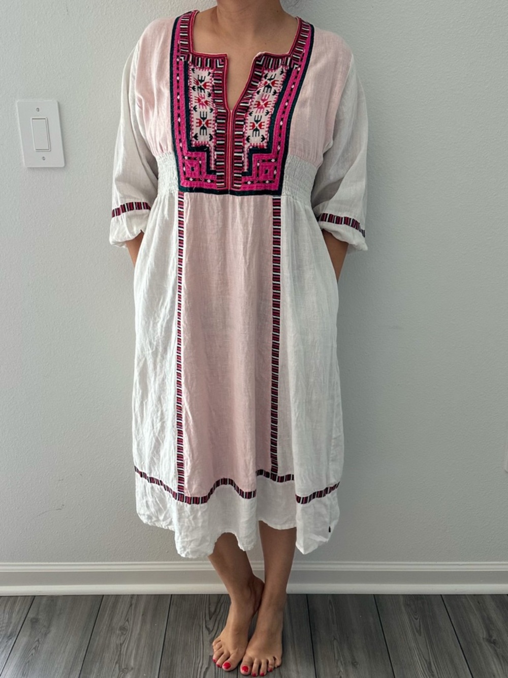 Binny Linen Modest Dress Embroidery Colorblock Milkmaid Peasant